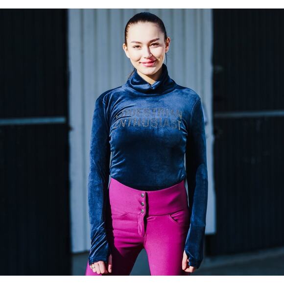 Horze Womens Turtleneck Long Sleeved Lilia Velvet Shirt 10 Dark Navy Equestrian - Picture 1 of 13